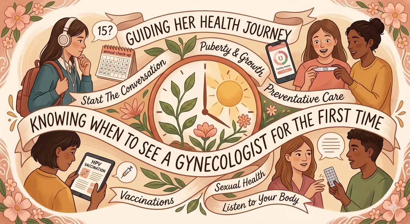 Infographic titled "Knowing when to see a gynecologist for the first time" featuring illustrations of puberty, vaccinations, and reproductive health.