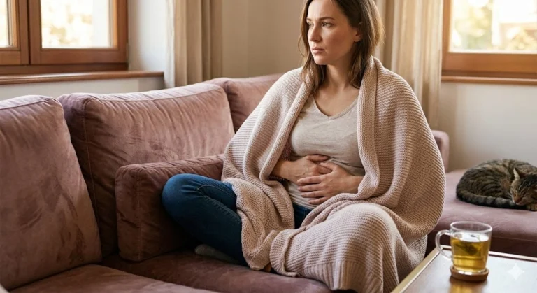 A woman sitting on a sofa wrapped in a blanket, holding her stomach in pain, depicting severe menstrual cramps or abdominal discomfort.