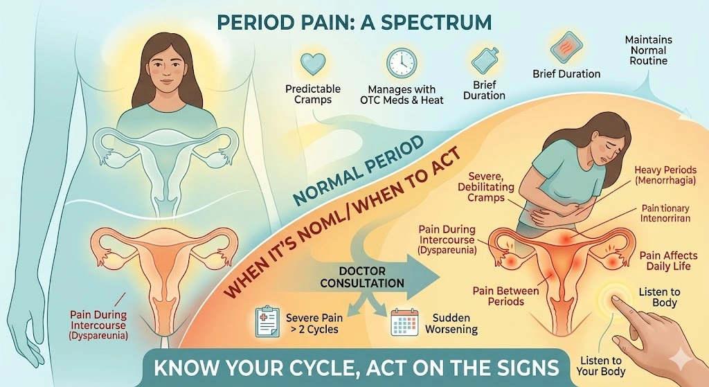A medical infographic diagram illustrating the difference between normal period pain and severe menstrual pain that requires a doctor's consultation.