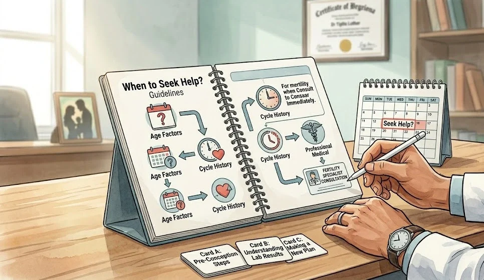 An educational illustration about when to seek help when trying to conceive, featuring a desk in Dr. Sajida Guftaar's office with a medical guide and a calendar highlighting fertility consultation timelines.