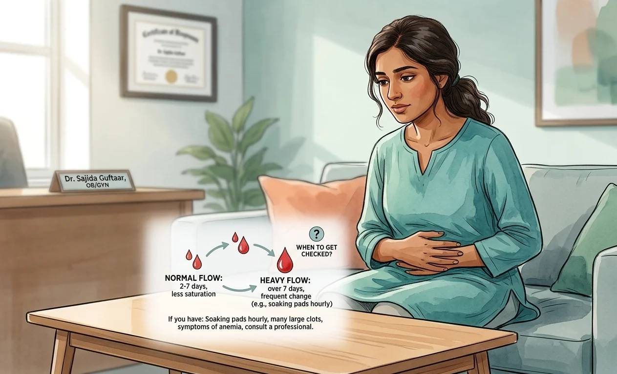 An educational illustration about heavy periods featuring a woman in dr Sajida guftaar clinic and an infographic comparing normal menstrual flow to heavy flow symptoms.