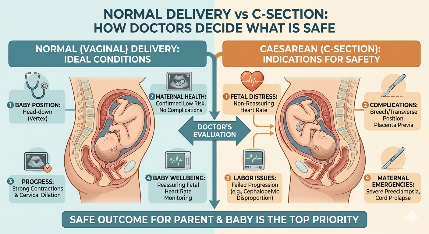 A medical infographic diagram comparing factors that lead doctors to decide between normal (vaginal) delivery and a C-section for a safe outcome.
