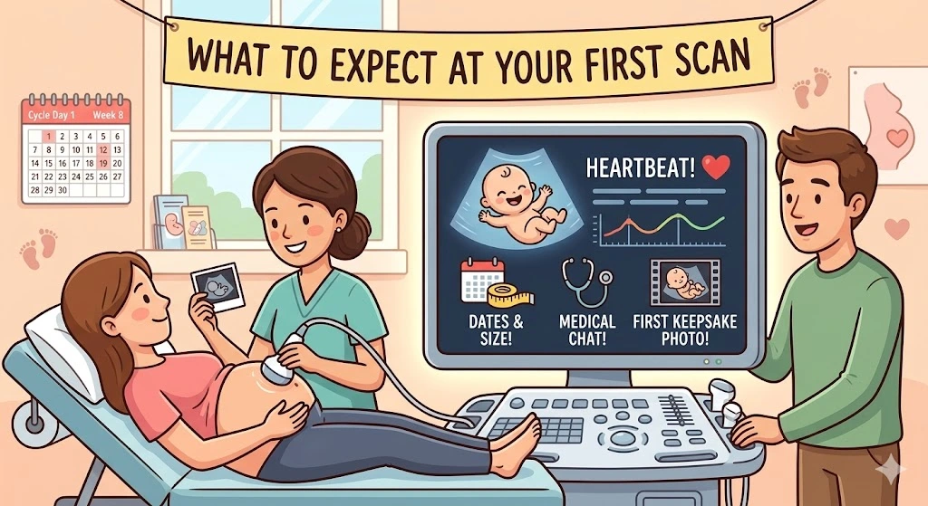 An illustrative infographic for Dr. Sajida Guftaar’s blog showing a pregnant woman, her partner, and a sonographer during a first pregnancy scan.
