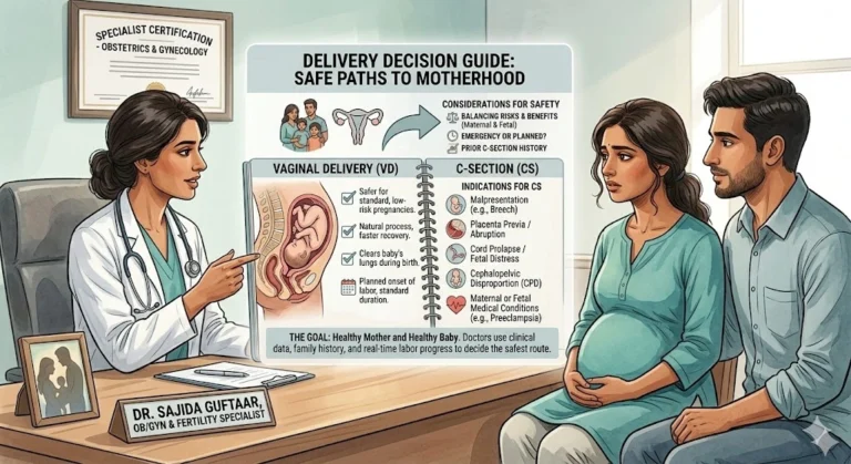 Normal Delivery vs C-Section: How Doctors Decide What Is Safe 1 An educational illustration in Dr. Sajida Guftaar’s office featuring a "Delivery Decision Guide" that compares Vaginal Delivery and C-Section medical factors during a patient consultation.