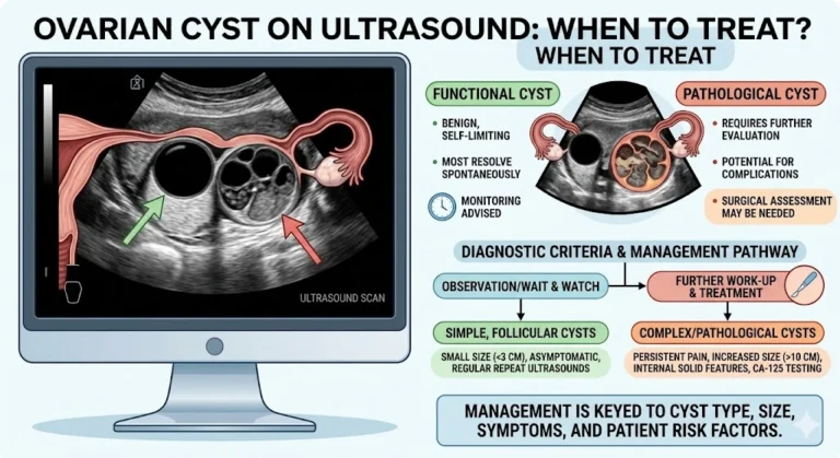 A medical infographic diagram from Dr. Sajida Guftaar comparing functional and pathological ovarian cysts on ultrasound scans to guide management decisions.