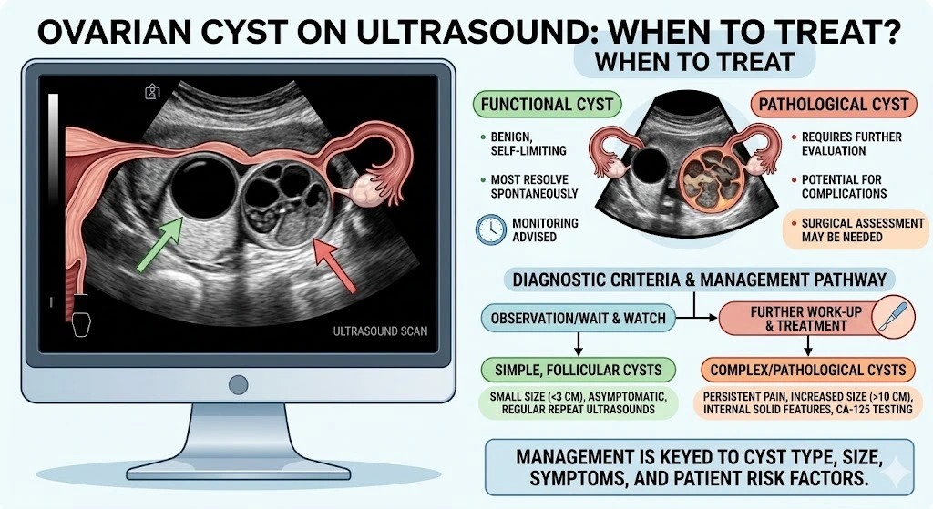 A medical infographic diagram from Dr. Sajida Guftaar comparing functional and pathological ovarian cysts on ultrasound scans to guide management decisions.