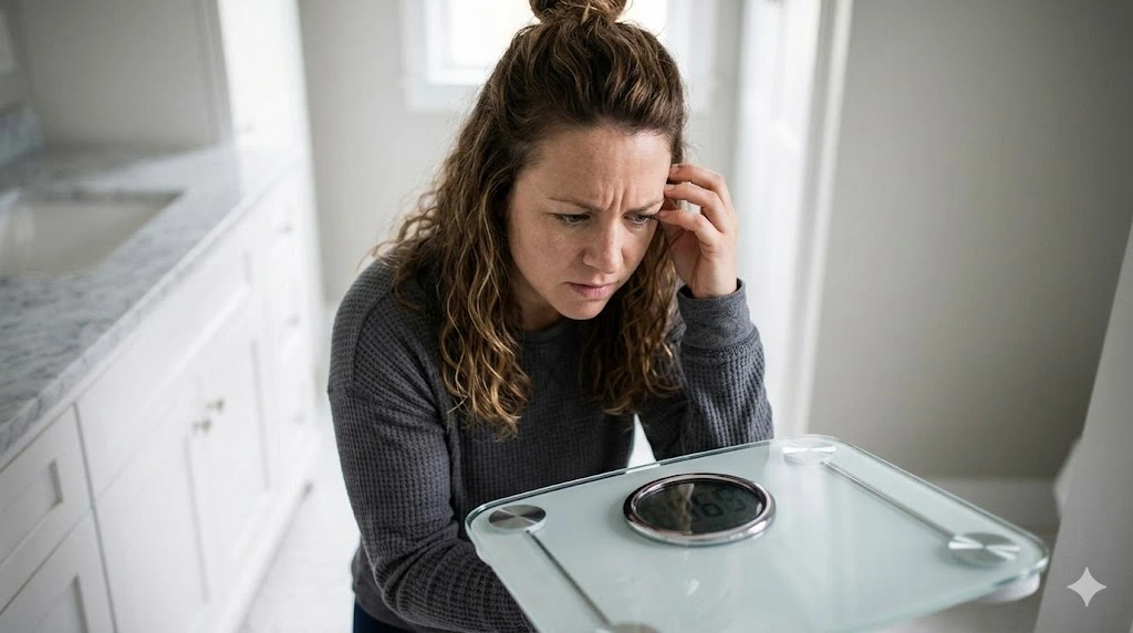 A frustrated woman looking down at a bathroom scale, illustrating unexplained weight gain as a hidden symptom of PCOS.