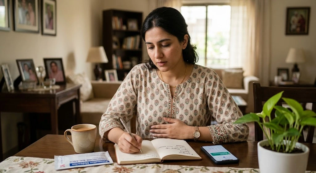 A Pakistani woman tracking her chronic fatigue and mood symptoms in a journal at home, illustrating the daily reality of living with PCOS.