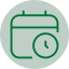 Green calendar with clock icon representing flexible online appointment scheduling and medical booking slots.