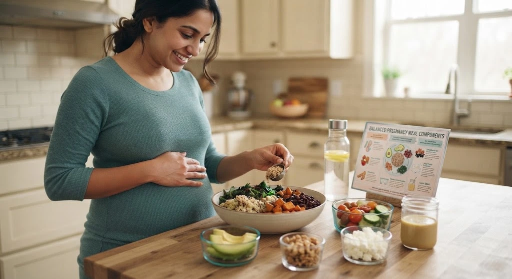 A smiling pregnant woman in a kitchen preparing a large, healthy salad bowl, with a 'Balanced Pregnancy Meal Components' infographic card visible on the counter.