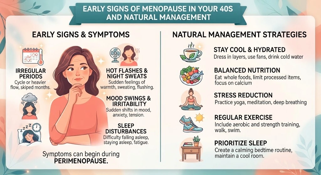 An infographic detailing early perimenopause symptoms like irregular periods, hot flashes, and mood swings in women in their 40s, with natural management strategies like diet and exercise, reviewed by Dr. Sajida Guftaar.