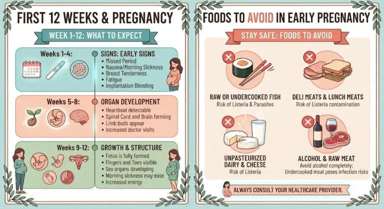 An infographic outlining early pregnancy milestones from weeks 1 to 12 alongside a safety guide on foods to avoid, such as raw fish and unpasteurized dairy, reviewed by Dr. Sajida Guftaar.