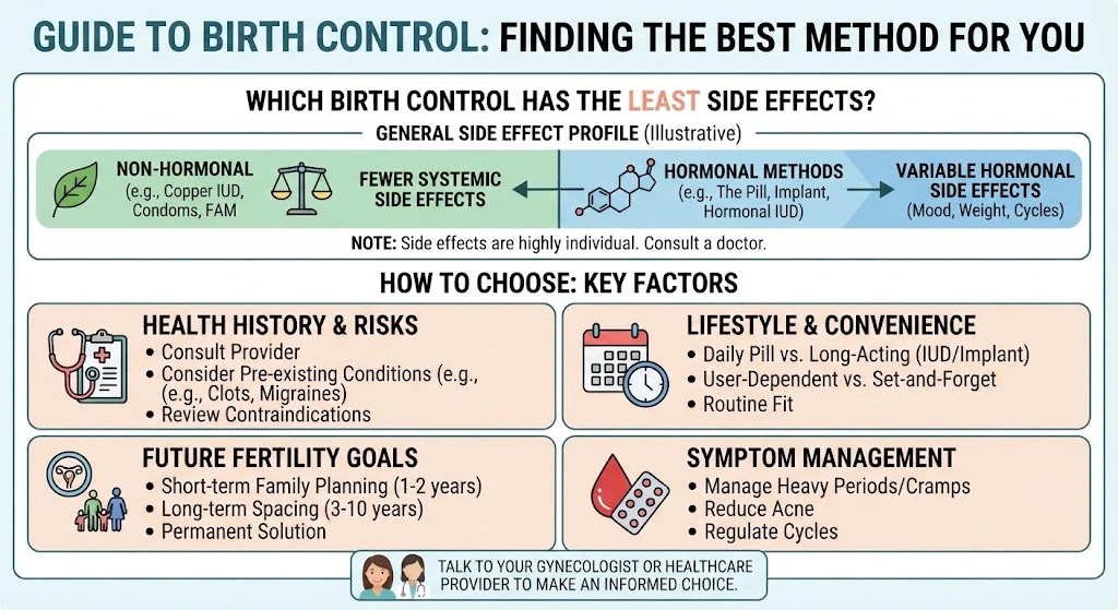 An infographic guide comparing non-hormonal and hormonal birth control methods, detailing how to choose based on health, lifestyle, fertility goals, and symptom management, by Dr. Sajida Guftaar.
