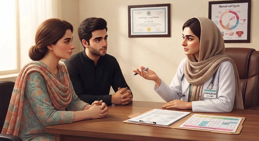 A Pakistani couple sitting at a desk consulting Dr. Sajida Guftaar, a gynecologist, in a medical office.