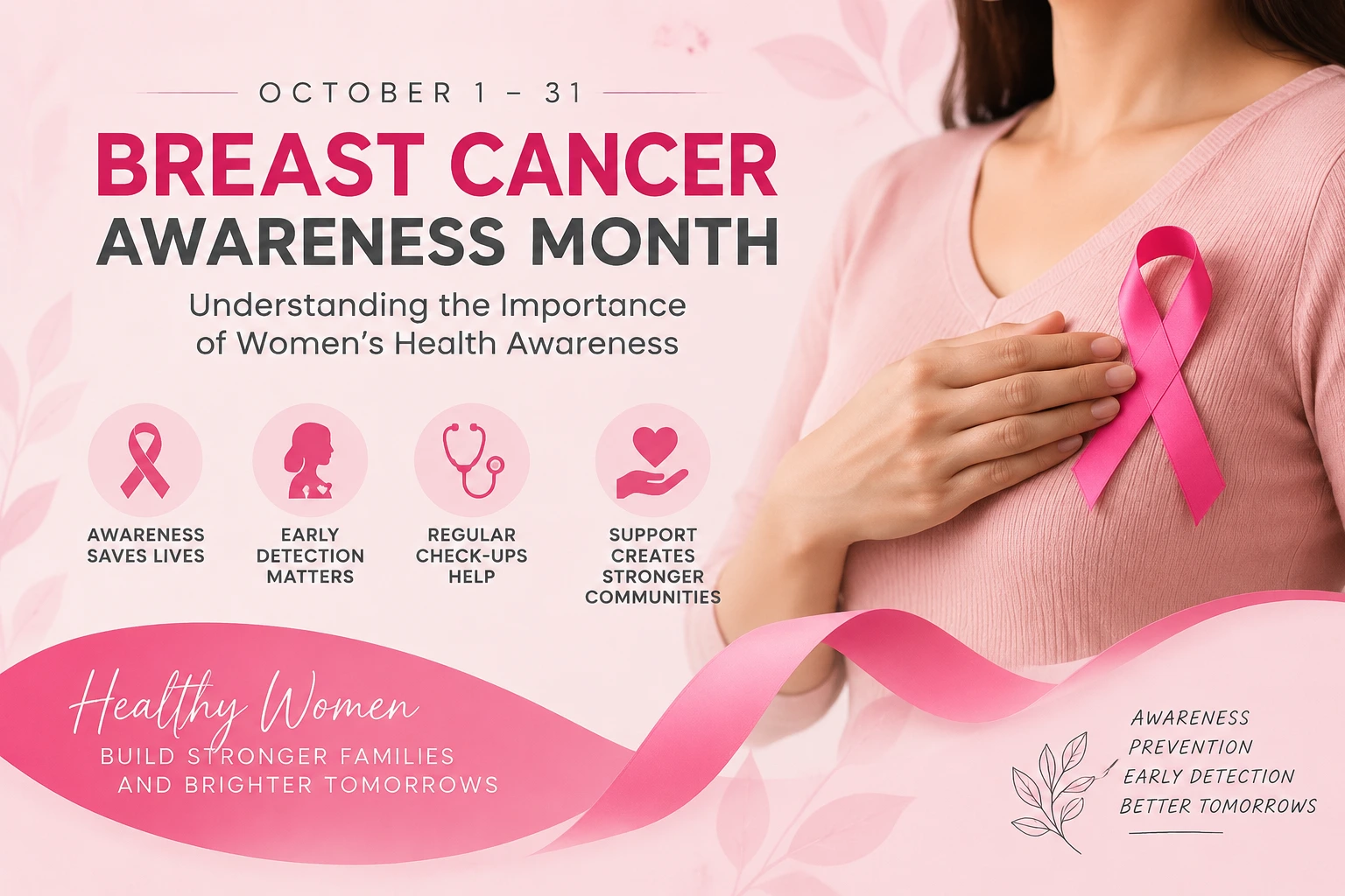 Breast Cancer Awareness Month graphic featuring a woman wearing a pink ribbon, highlighting early detection, regular check-ups, and women's health.