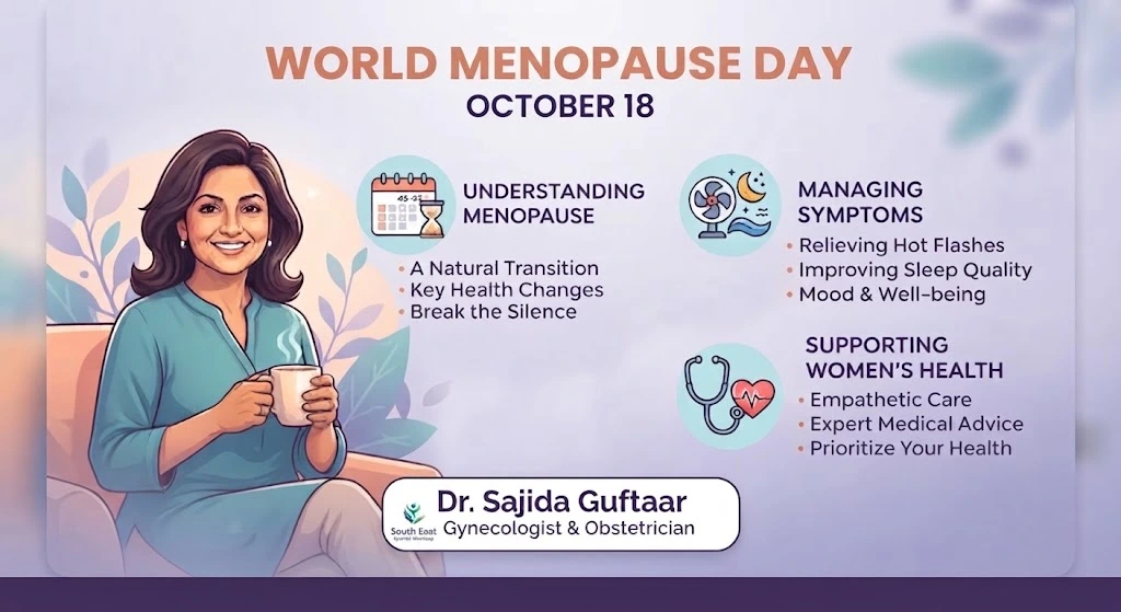 World Menopause Day graphic with health advice by Dr. Sajida Guftaar, Gynecologist & Obstetrician.