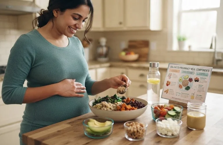 A smiling pregnant woman in a kitchen preparing a large, healthy salad bowl, with a 'Balanced Pregnancy Meal Components' infographic card visible on the counter.