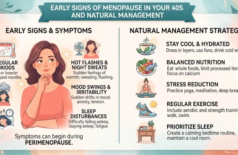 An infographic detailing early perimenopause symptoms like irregular periods, hot flashes, and mood swings in women in their 40s, with natural management strategies like diet and exercise, reviewed by Dr. Sajida Guftaar.