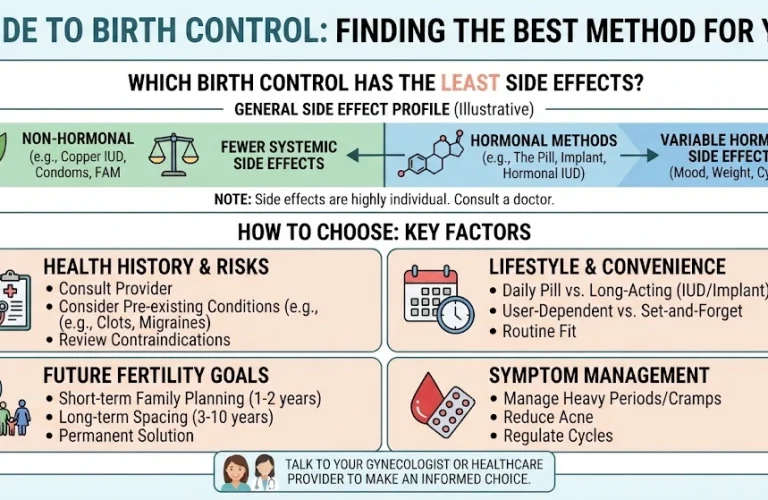 An infographic guide comparing non-hormonal and hormonal birth control methods, detailing how to choose based on health, lifestyle, fertility goals, and symptom management, by Dr. Sajida Guftaar.