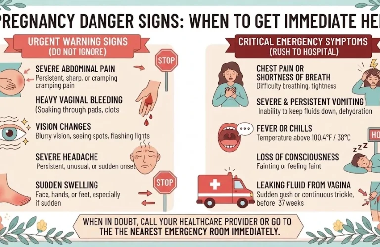 An infographic titled 'Pregnancy Danger Signs: When to Get Immediate Help', categorized into 'Urgent Warning Signs' and 'Critical Emergency Symptoms', reviewed by Dr. Sajida Guftaar.