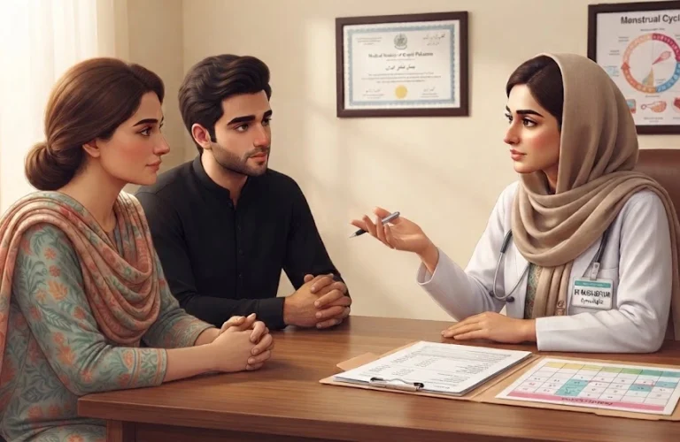 A Pakistani couple sitting at a desk consulting Dr. Sajida Guftaar, a gynecologist, in a medical office.