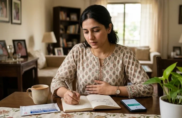 A Pakistani woman tracking her chronic fatigue and mood symptoms in a journal at home, illustrating the daily reality of living with PCOS.