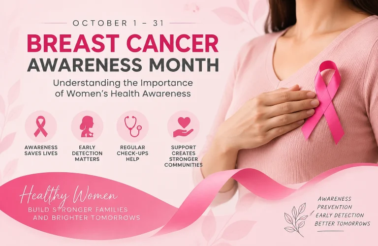 Breast Cancer Awareness Month graphic featuring a woman wearing a pink ribbon, highlighting early detection, regular check-ups, and women's health.