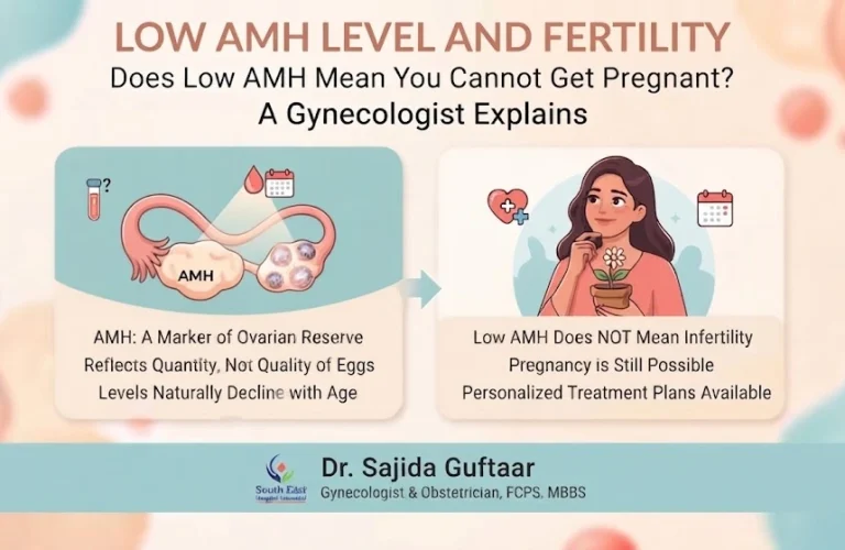 Low AMH level and fertility infographic by Dr. Sajida Guftaar explaining ovarian reserve, egg quantity versus quality, and pregnancy possibilities.