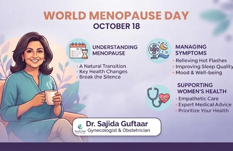 World Menopause Day graphic with health advice by Dr. Sajida Guftaar, Gynecologist & Obstetrician.